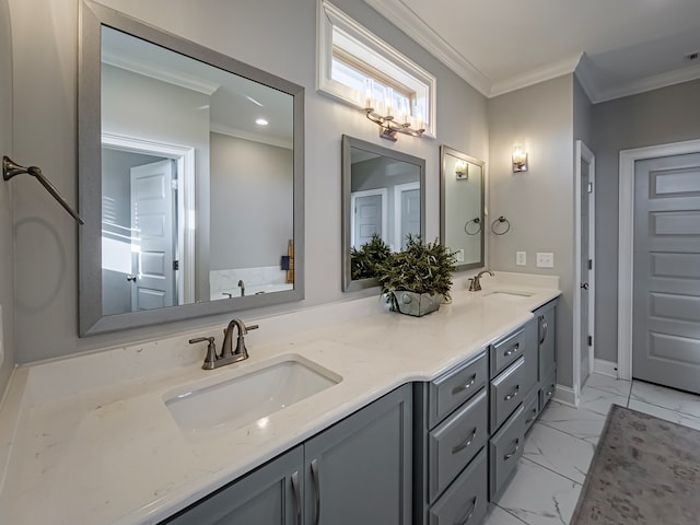 full bath featuring ornamental molding, marble finish floor, double vanity, and a sink