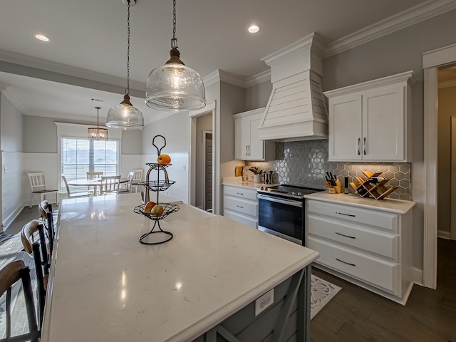 kitchen featuring white cabinetry, custom range hood, a wainscoted wall, electric stove, and dark wood finished floors