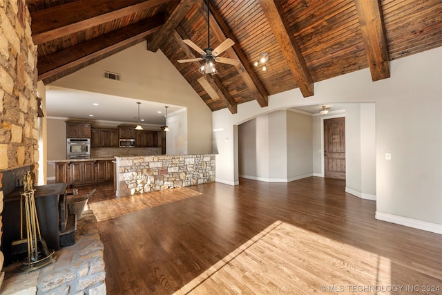 unfurnished living room featuring wooden ceiling, light hardwood / wood-style floors, ceiling fan, high vaulted ceiling, and beam ceiling