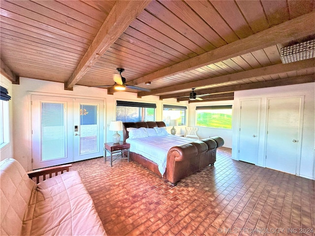 bedroom with ceiling fan, wood ceiling, beamed ceiling, and french doors