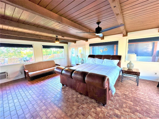 bedroom featuring an AC wall unit, ceiling fan, beamed ceiling, and wooden ceiling