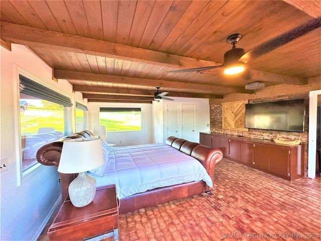 bedroom with ceiling fan, wood ceiling, and beam ceiling