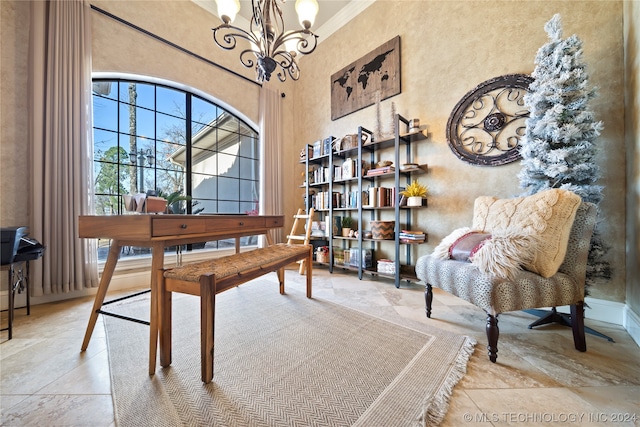 living area with crown molding, light tile floors, and a chandelier