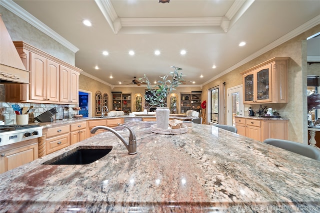 kitchen with light brown cabinets, ceiling fan, premium range hood, and crown molding