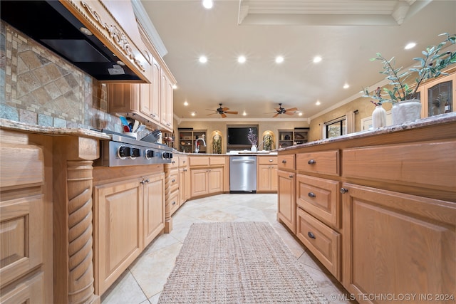 kitchen featuring premium range hood, stainless steel appliances, ceiling fan, backsplash, and light stone counters