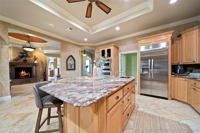 kitchen with an island with sink, ceiling fan, a kitchen breakfast bar, appliances with stainless steel finishes, and a tray ceiling