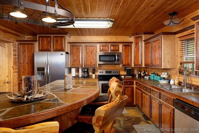 kitchen with wooden walls, sink, stainless steel appliances, wooden ceiling, and decorative light fixtures