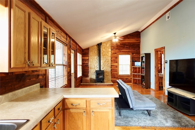 kitchen featuring a healthy amount of sunlight, ceiling fan, vaulted ceiling, and light wood-type flooring