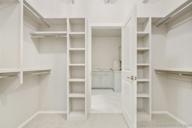 walk in closet with light colored carpet