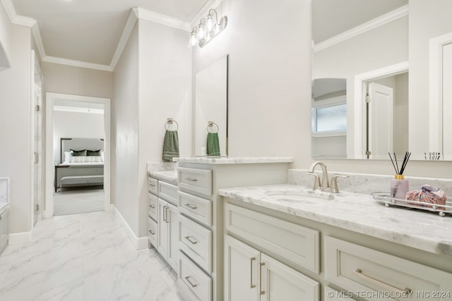 bathroom with vanity, tile floors, and crown molding