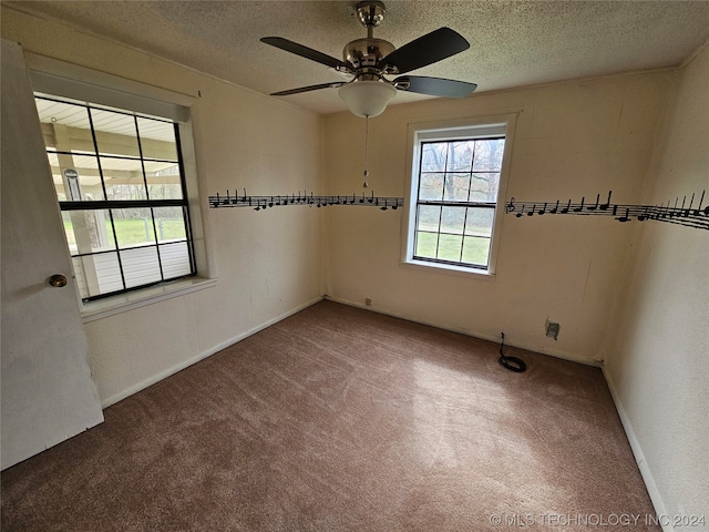 spare room featuring ceiling fan, carpet floors, and a textured ceiling