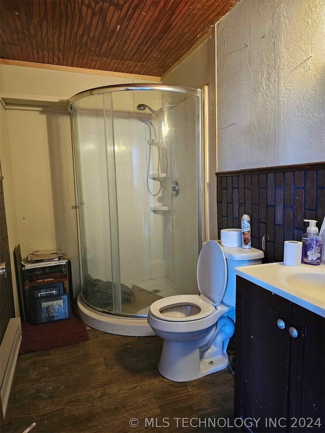 bathroom featuring a shower with shower door, vanity, toilet, wood ceiling, and hardwood / wood-style flooring