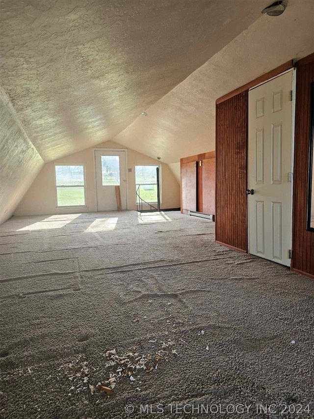 bonus room featuring a textured ceiling, carpet, and vaulted ceiling