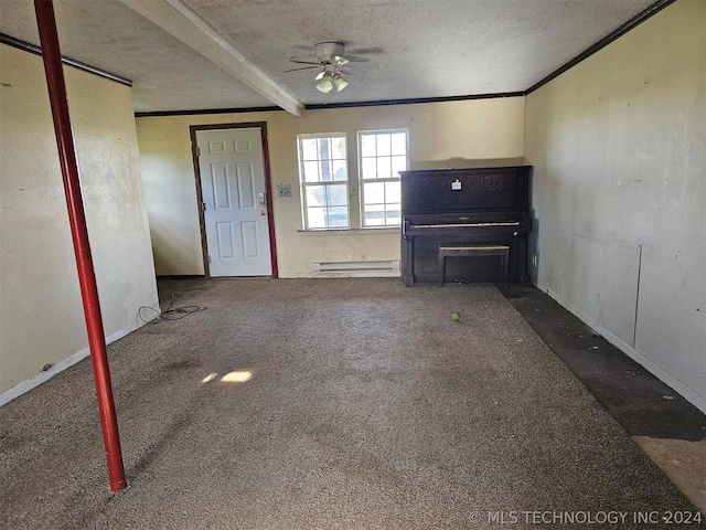 unfurnished living room featuring ceiling fan, a baseboard heating unit, dark colored carpet, beam ceiling, and a textured ceiling