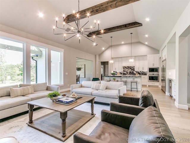 living room with high vaulted ceiling, beam ceiling, light wood-type flooring, and a chandelier