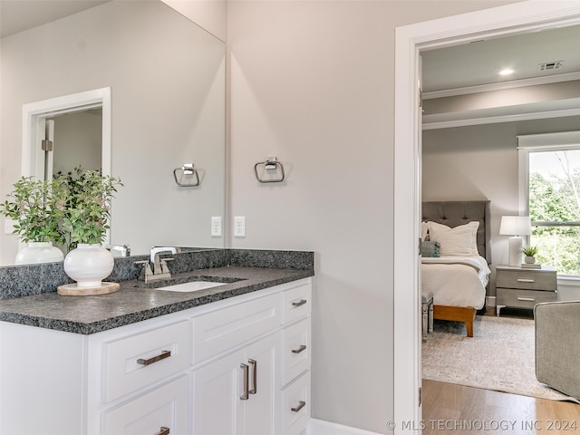 bathroom featuring hardwood / wood-style flooring and oversized vanity