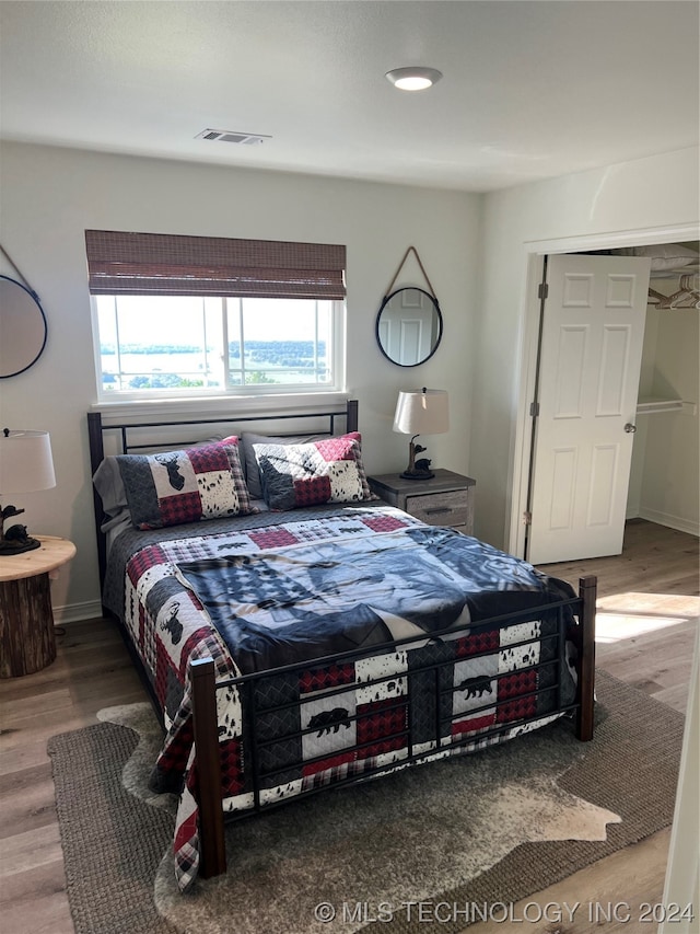 bedroom featuring multiple windows and dark hardwood / wood-style floors