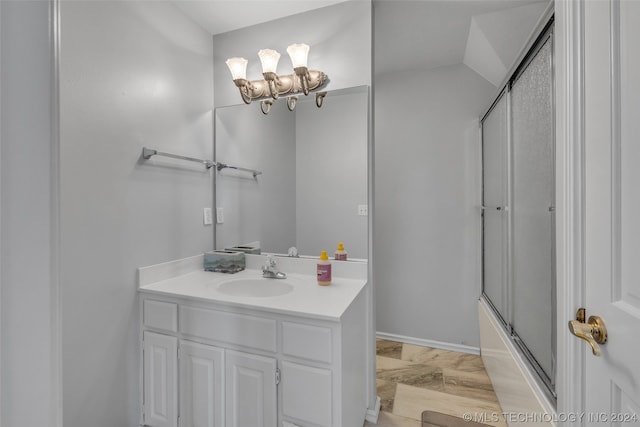 bathroom featuring shower / bath combination with glass door, vanity, wood-type flooring, and an inviting chandelier