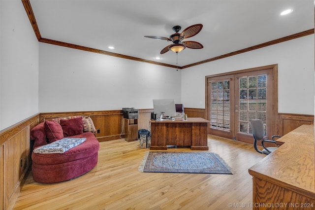 office featuring ornamental molding, light hardwood / wood-style floors, and ceiling fan