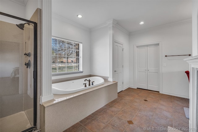 bathroom featuring crown molding, tile floors, and independent shower and bath