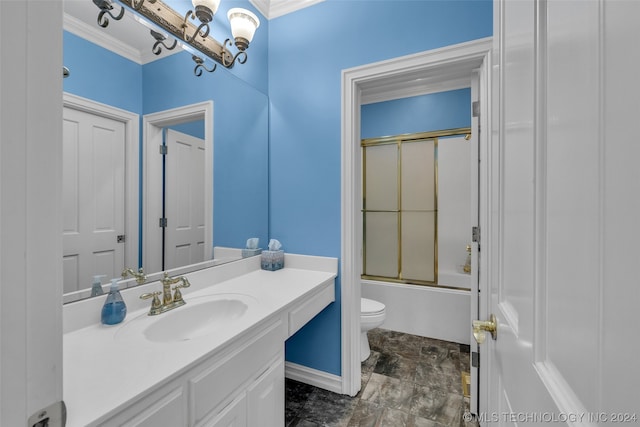 full bathroom with toilet, oversized vanity, ornamental molding, combined bath / shower with glass door, and tile flooring