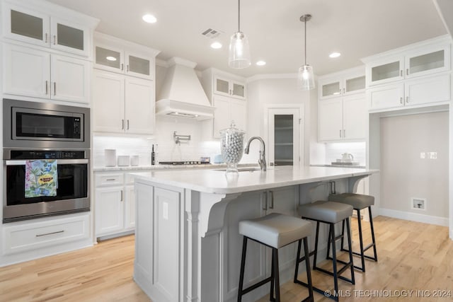 kitchen with appliances with stainless steel finishes, white cabinetry, sink, premium range hood, and a kitchen island with sink