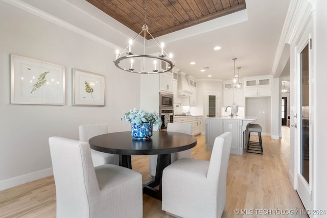 dining area featuring sink, wooden ceiling, and light hardwood / wood-style flooring