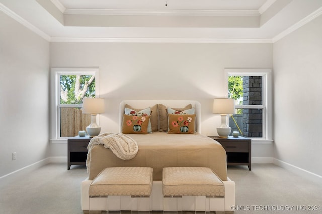 bedroom featuring light carpet, a tray ceiling, and crown molding