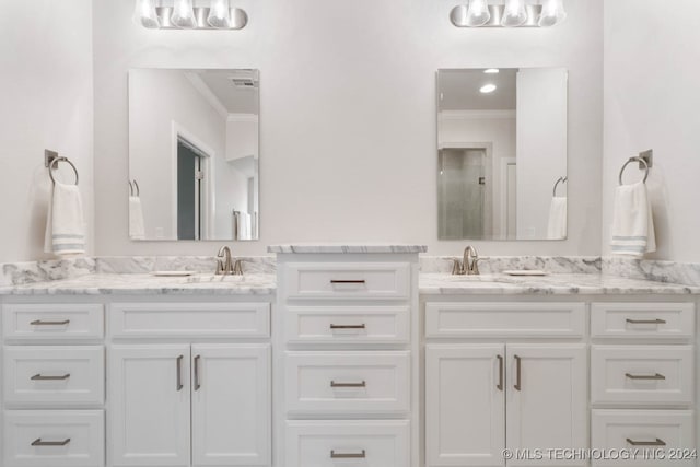 bathroom featuring walk in shower, crown molding, and vanity