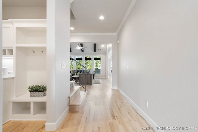 hall with ornamental molding and light hardwood / wood-style flooring