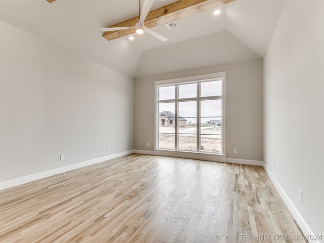 unfurnished room featuring lofted ceiling with beams, ceiling fan, and light wood-type flooring