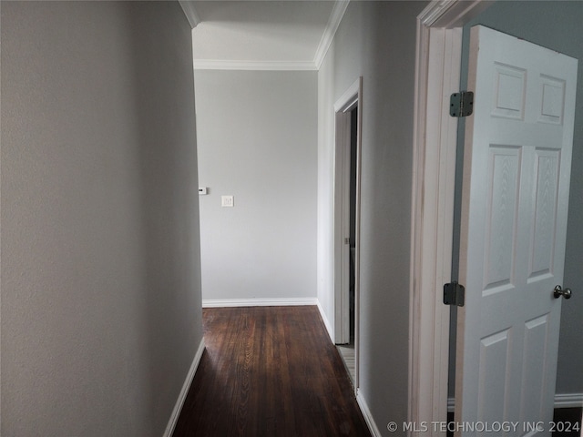 hall with ornamental molding and dark hardwood / wood-style floors