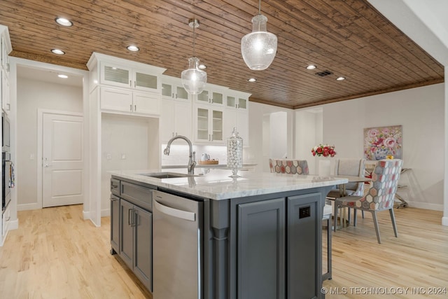 kitchen featuring wooden ceiling, white cabinetry, and an island with sink