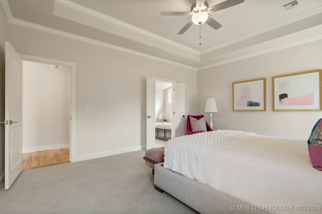 bedroom featuring carpet, ornamental molding, ceiling fan, and connected bathroom