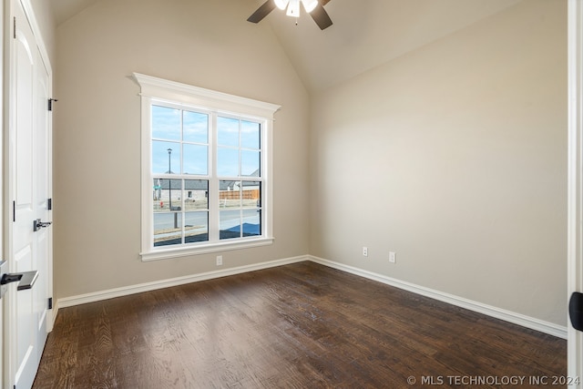 unfurnished room with ceiling fan, high vaulted ceiling, and dark hardwood / wood-style flooring