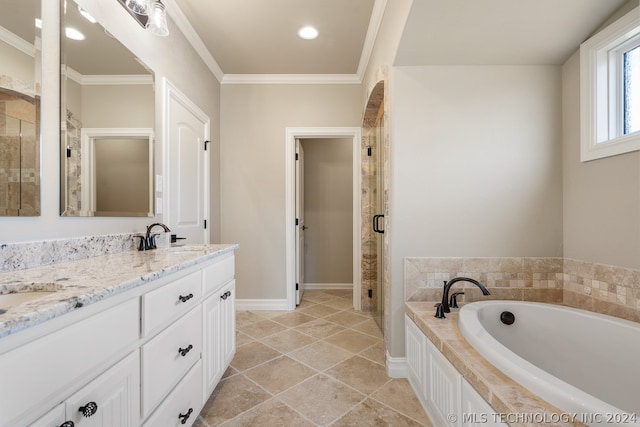 bathroom with tile floors, ornamental molding, independent shower and bath, and double vanity