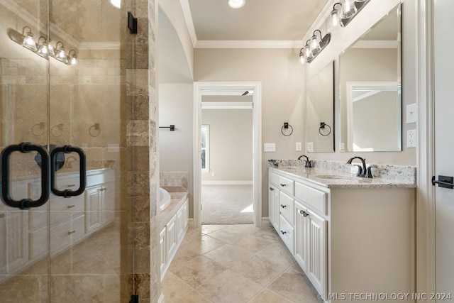 bathroom featuring double sink vanity, crown molding, a notable chandelier, independent shower and bath, and tile floors