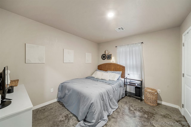 bedroom featuring baseboards, visible vents, and carpet flooring