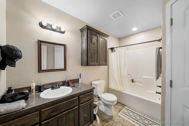 bathroom featuring toilet, visible vents, shower / tub combo with curtain, and vanity