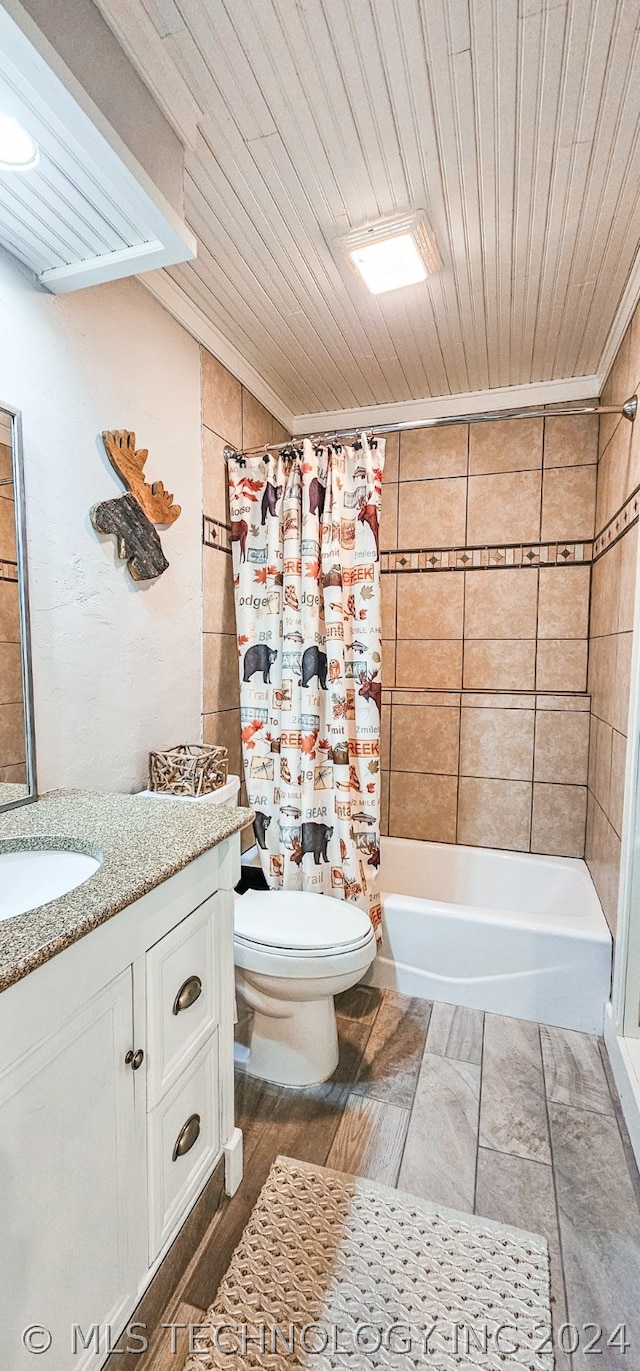 full bathroom with hardwood / wood-style floors, wooden ceiling, toilet, shower / bath combo with shower curtain, and vanity