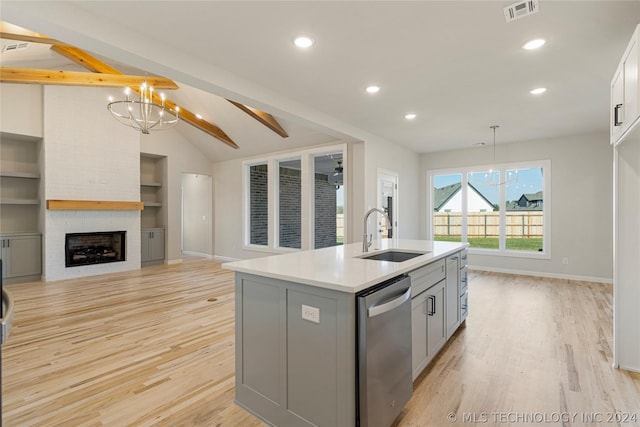 kitchen with sink, built in features, stainless steel dishwasher, pendant lighting, and a kitchen island with sink