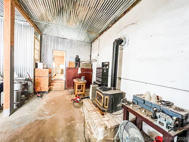 interior space featuring a wood stove