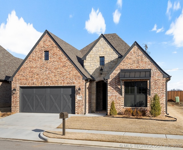 view of front of house with driveway, stone siding, roof with shingles, an attached garage, and brick siding