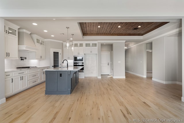 kitchen featuring white cabinets, premium range hood, and a tray ceiling