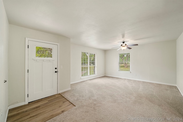 foyer with light hardwood / wood-style flooring, ceiling fan, and a wealth of natural light