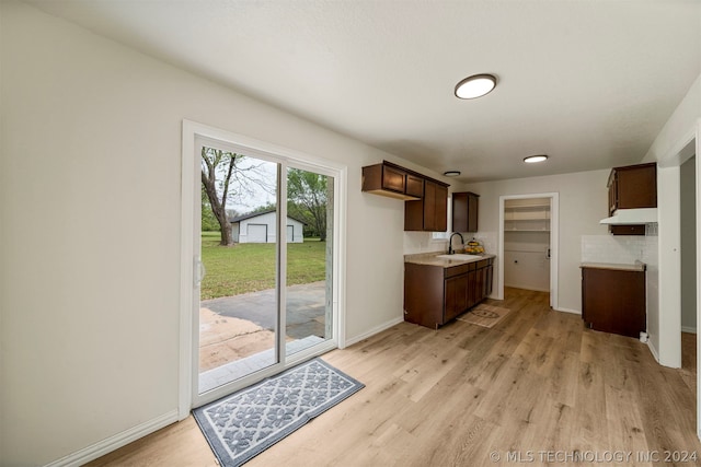 doorway to outside with light hardwood / wood-style flooring and sink