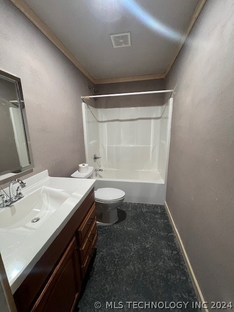 full bathroom with shower / tub combination, toilet, vanity, and crown molding