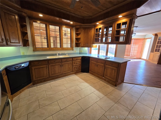 kitchen with kitchen peninsula, dishwasher, sink, light wood-type flooring, and ornamental molding