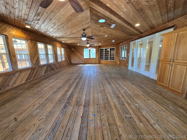 spare room with dark hardwood / wood-style flooring, ceiling fan, wooden walls, and wood ceiling