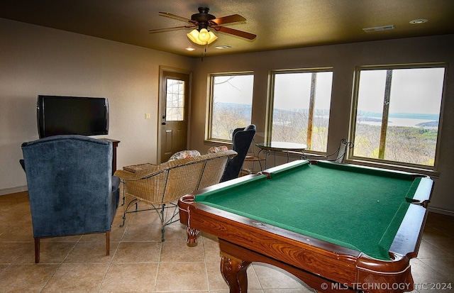 rec room featuring pool table, ceiling fan, and light tile floors